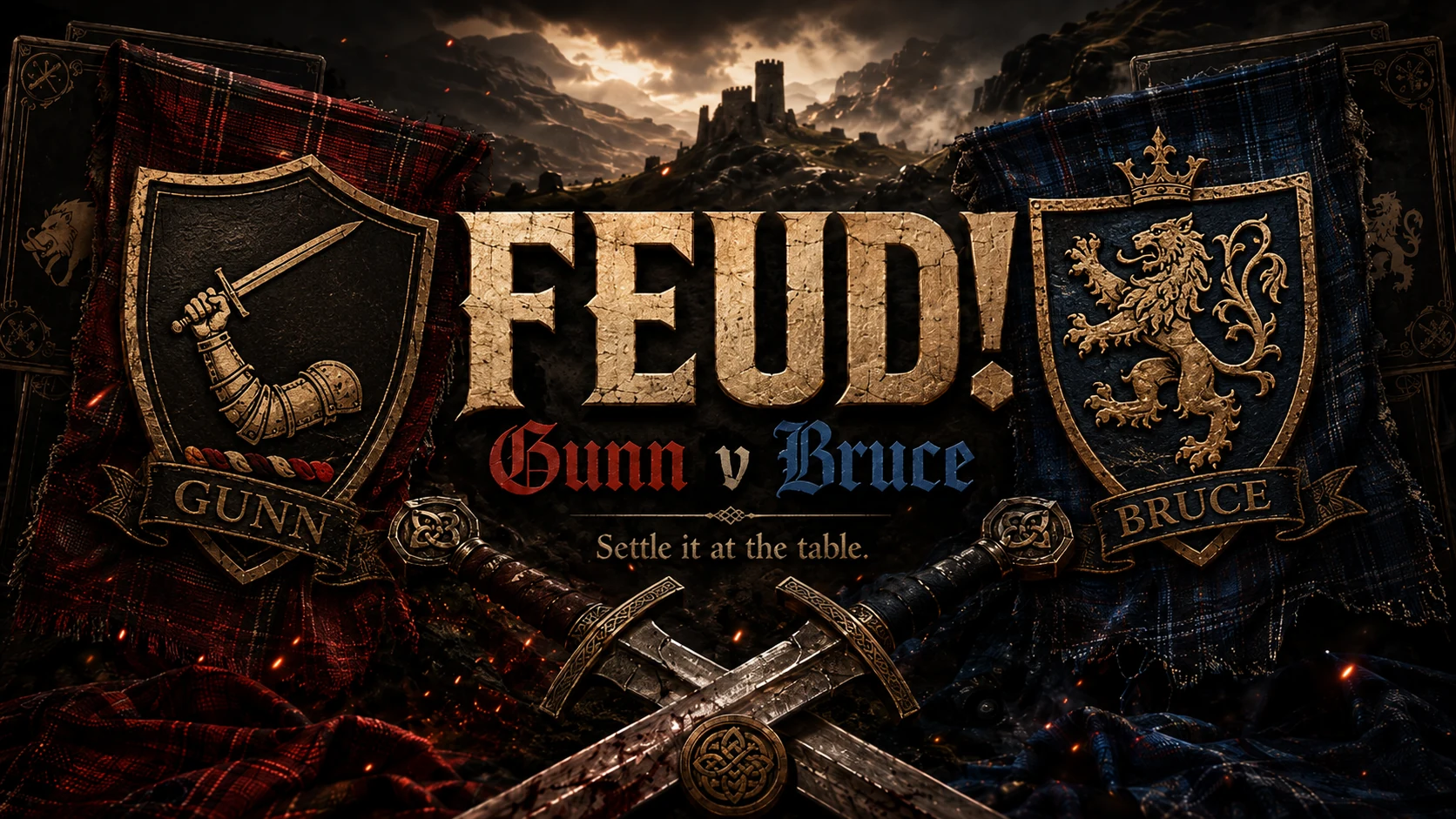 FEUD! Gunn v Bruce card game artwork with Clan Gunn and Clan Bruce crests